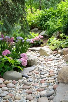 a garden with rocks and flowers in it