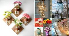 there are several pictures with flowers in mason jars on the wall and hanging from hooks