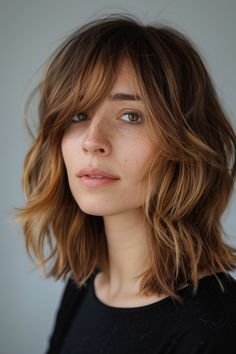 79+ Sunkissed Brunette Hair Ideas Classic Mid Length Haircuts, Mid Length Medium Brown Hair, Medium Length Wavy Hair With Bangs Round Face, Shaggy Balayage Hair, Lob With Side Fringe, Professional Haircuts For Work, Transition Blonde To Brunette, Brown Hair Sunkissed, Mid Length Haircuts For Fine Hair