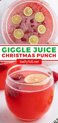 two glasses filled with christmas punch and garnished with limes