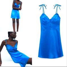 Zara Summer Dress Blue A-line Satin Dress For Spring, Chic Satin Mini Dress For Summer, Chic Summer Satin Mini Dress, Blue A-line Spring Dress, Blue A-line Dress For Spring, Chic Blue A-line Dress, Blue Fitted Mini Satin Dress, Summer Satin Mini Dress For Night Out, Blue Fitted Satin Mini Dress