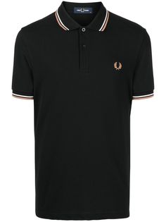 black cotton embroidered logo at the chest striped edge polo collar front button placket short sleeves straight hem Black Casual Polo Shirt With Contrast Stripes, Black Cotton Polo Shirt With Striped Collar, Classic Black Tops With Striped Cuffs, Classic Polo Shirt With Contrast Stripes, Black Polo Shirt With Striped Collar, Black Collared Tops With Contrast Stripes, Black Collared Tops With Striped Cuffs, Black Collared Top With Striped Cuffs, Classic Black Polo Shirt With Striped Collar