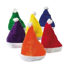 Are you tired of the traditional red and white Santa hats? Regular Santa hats can be a bit boring. But look no further than this assortment of one dozen Colorful Santa Hats, including red. Each hat has a 24" circumference and is 14" from opening to the tip, but may run small. Make it a brightly colored Christmas! These are great Christmas party favors and Christmas stocking stuffers as well. Polyester. Mrs Claus Costume, Purple Santa, Santa Cap, Christmas Tree Hat, Novelty Hats, Christmas Program, Holiday Christmas Party, Christmas Musical, Purple Hats