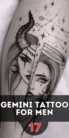 a woman's face with stars on her head and the words gemini tattoo for