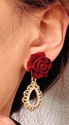 Romantic Princess style Beauty and Beast red velvet rose earrings, with teardrop shaped gold and pearl lace dangle earrings, super delicate and exquisite. Stunning handcrafted red velvet flower gives you vintage Gatsby vibes, while the lace dangle looks luxurious. We choose the best quality flocking velvet to create the beautiful rose flower, they looks like real rose in picture or in person! These earrings are the perfect accessory to add a touch of elegance and enchantment to any outfit. Each Elegant Rose Red Flower-shaped Earrings, Elegant Party Earrings For Valentine's Day, Elegant Earrings For Valentine's Day Party, Red Flower-shaped Earrings For Party, Red Floral Earrings For Party, Red Flower-shaped Party Earrings, Red Flower Shaped Party Earrings, Red Flower Shape Earrings For Party, Rose Gold Flower Earrings For Valentine's Day