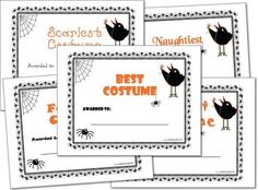 four halloween certificates with the words best costume and spider web on them, all in black and orange