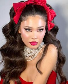 Glamorous Christmas Photoshoot, Hairstyle For Red Dress, Christmas Hair Aesthetic, Coquette Photo Ideas, Red Photoshoot Ideas, Hair With A Bow, Old Money Photoshoot, Pearl Makeup Looks, Hairstyles Holiday