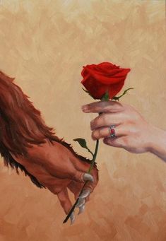 a painting of two hands holding a red rose with the other hand reaching for it