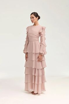 Renad Tiered Chiffon Maxi Dress - Jasmine Pink Modest Designer Dresses, Hijabi Bridesmaid Dresses, Farewell Dress, Prom Dress Modest, Modesty Dress, Ruffle Dresses, Chic Evening Dress, Modest Maxi Dress, White Dress Formal