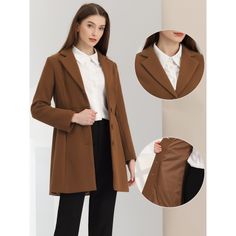 This women's winter coat boasts a timeless notched lapel that exudes sophistication and elegance. The single-breasted button-down front adds a touch of refinement to any outfit. A must-have option for the new season, add new styles to your wardrobe. Featuring a soft lining and comfortable fit, this winter coat is perfect for those who want to stay warm without sacrificing comfort. It's designed to keep you cozy, even on the coldest of days. Can be dressed up or down. Pair it with jeans and ankle Fall Blazer For Office Lady, Semi-formal Double-breasted Outerwear, Semi-formal Double-breasted Office Outerwear, Winter Single Breasted Blazer For Office, Brown Single Breasted Outerwear For Office, Double-breasted Office Outerwear, Winter Office Lady Single Breasted Blazer, Classic Brown Outerwear For Office, Classic Brown Office Wear Outerwear