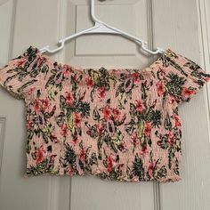 Nwt H&M Off The Shoulder Floral Top. Size Small. Color Base Is Pink With Flowers. Spring Pink Printed Crop Top, Pink Short Sleeve Crop Top For Beach, Fitted Pink Crop Top With Floral Print, Fitted Pink Floral Print Crop Top, Spring Floral Print Pink Crop Top, Pink Floral Print Crop Top For Spring, Fitted Pink Printed Crop Top, Fitted Printed Pink Tops, Fitted Pink Printed Tops