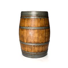 a wooden barrel sitting on top of a white surface