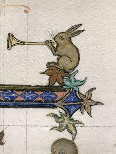 an image of a rabbit playing the trumpet with flowers and leaves on it's side