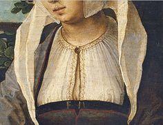 an old painting of a woman with a white veil on her head and hands in her pockets