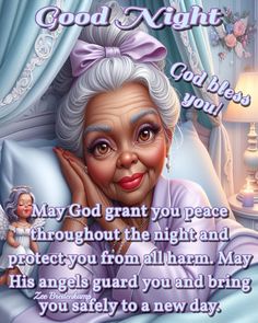 an old lady with a pink bow on her head and the words good night, god loves