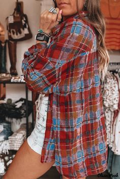 Olivia Mark - Vintage Shirt in Vibrant Orange and Plaid Print Denim Short Jumpsuit, Drop Sleeve, Loose Shirt, Orange Plaid, Jeans Leggings, Pinterest Closet, Loose Shirts, Plaid Design, Mens Plus Size