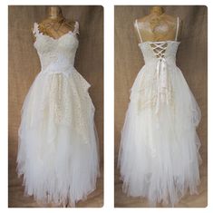 two pictures of dresses on mannequins, one in white and the other in ivory