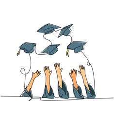 several people in graduation caps and gowns reaching up into the air with their hands