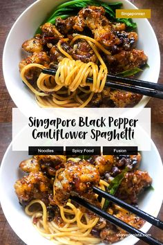 singapore black pepper cauliflower spaghetti in a bowl with chopsticks