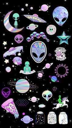 an image of alien stickers on the back of a cell phone with space in the background