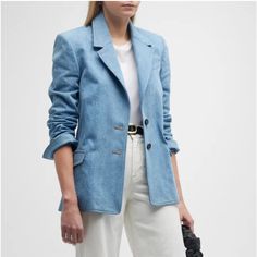 Frame "The Femme" Denim Single-Breasted Blazer Notched Lapels Long Sleeves; Button Cuffs Flap And Welt Pockets Vented Back Tailored Fit Three-Button Closure Cotton Polyester Lining Dry Clean Made In Italy Denim Blazer Women, Light Blue Blazer, Blazer Women, Denim Blazer, Breasted Blazer, Denim Jackets, Business Attire, Frame Denim, Welt Pockets