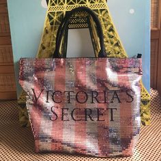 Pink And Silver Striped Sequence With Black Sequence Used For The Letters Victoria Secrets, Victoria Secret Bags, Victoria's Secret, Womens Tote Bags, Burlap Bag, Reusable Tote Bags, Tote Bag, Pink, Women Shopping