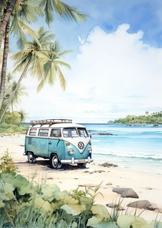 a blue van parked on top of a sandy beach next to the ocean and palm trees