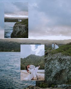 the bride and groom are walking on the beach by the water with their wedding dress blowing in the wind