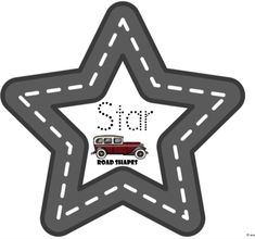 a star with the words road trips written on it and an image of a car driving down