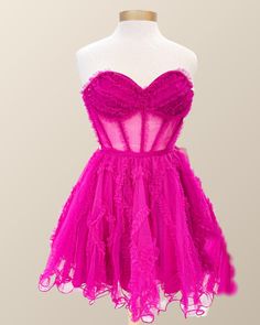 The Sweetheart Fuchsia Ruffles Corset A-line Dress features a dramatic A-line silhouette, a tulle material, a sweetheart neck, a corset bodice, and a mini length all in a striking fuchsia hue. A-line Corset Dress With Ruffles For Wedding, A-line Tulle Dress With Lined Bodice, A-line Homecoming Dresses With Boned Bodice, Fitted Tulle Dress With Corset Back, Flirty Strapless Dress With Sweetheart Neckline And Ruched Bodice, Fitted Tulle Mini Dress For Homecoming, Pink Mini Dress With Boning, Fitted A-line Corset Dress For Debutante Ball, Pink Strapless Corset Party Dress