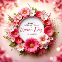 happy international women's day with pink flowers