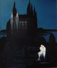 a painting of a person sitting on a bench in front of a castle at night