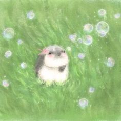 a drawing of a hamster sitting in the grass with bubbles floating around it's head