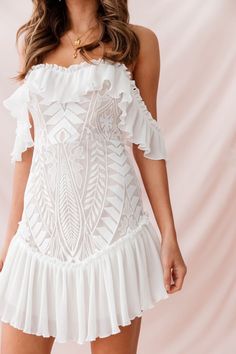 Buy the Dreamy Off-Shoulder Mini Dress White | Selfie Leslie Looks Hippie, Long Sleeve Ruffle Dress, Dream Dresses, Bridal Shower Dress, Pleated Chiffon, Shower Dresses, Romantic Dinner, Dreamy Dress, White Dress Summer