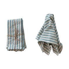 two blue and white striped towels tied together