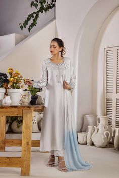 Discover timeless elegance with our silver grey sheesha silk dress, featuring intricate cutwork, shimmering tilla, and delicate pearls. Paired with a two-toned dupatta. Get Now! Formal Mens Fashion, Pakistani Dress, Summer Soiree, Pakistani Dress Design, Cut Work, Dress Design, Pakistani Dresses, Semi Formal, Garden Party