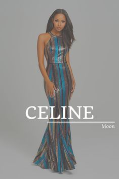 a woman in a blue and silver dress with the words celine above her head