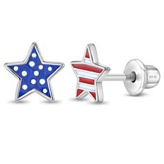 Adorned with the vibrant enamel colors of the American flag, these charming star-shaped earrings are a fun accessory for the 4th of July or any patriotic occasion. Expertly crafted from hypoallergenic 925 sterling silver, they ensure both durability and comfort for sensitive ears. The safety screw back closures provide a secure fit, making them ideal for active children. These earrings combine style with safety, allowing kids to showcase their patriotic spirit with confidence. These fun enamel f Patriotic Red Star-shaped Earrings, Patriotic Red Star Earrings, Blue Patriotic Earrings For Independence Day, Patriotic Blue Earrings For Independence Day, Patriotic Earrings For 4th Of July Gift, Patriotic Multicolor Earrings For Independence Day, Patriotic Blue Star Jewelry, Red Star-shaped Nickel-free Earrings, Patriotic Blue Star Shaped Jewelry