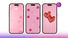 three cell phones with hearts on them and balloons in the back, one is pink