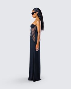 They say the best revenge is looking good and doing better 😏 Have them regretting all their choices when you step out in this sexy black maxi dress made from a mix of georgette and lace fabric and complete with boning and a back zipper 🖤 Night Out Dress With Lace Bodice, Sheer Bodice Lace Maxi Gown, Evening Maxi Gown With Lace Trim, Evening Floor-length Maxi Dress With Lace Bodice, Sleeveless Maxi Dress With Lace Bodice For Gala, Lace Gown With Sheer Bodice, Maxi Length, Evening Gown With Lace Trim And Maxi Length, Maxi Length Lace Gown With Sheer Bodice, Lace Gown With Sheer Bodice In Maxi Length