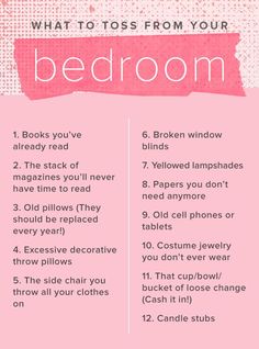 a pink poster with the words what to toss from your bedroom