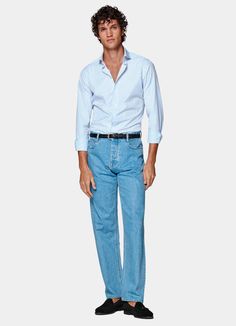 Blue Poplin Slim Fit Shirt in Egyptian Cotton | SUITSUPPLY US Casual Dress Shirt With Relaxed Fit And Spread Collar, Blue Slim Fit Button-up Top, Slim Fit Light Blue Button-up Tops, Pinstripe Cotton Button-up Shirt, Blue Slim Fit Button-up Shirt, Blue Cotton Button-up Polo Shirt, Slim Fit Shirt, Egyptian Cotton, Workout Shirts