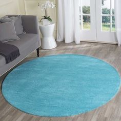 a living room with a gray couch and blue rug on the floor in front of a window