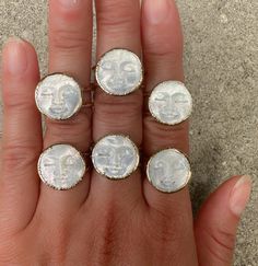 Gorgeous Man in the moon shell rings.  These are gold vermeil and waterproof!  Adjustable from size 5-8 About the crystals: All crystals and gemstones are carefully chosen by myself from several vendors I have come to know over the years.  I absolutely love crystals and their healing qualities as well as their beauty.  My intention is to create a beautiful piece of jewelry with the highest positive crystal vibration. ✨ My customers are my guides and my goal is to make crystal jewelry that will h Spiritual Moon Phase Open Ring Jewelry, Spiritual Open Ring Jewelry With Moon Phase, Handmade Gold Moonstone Ring In Sterling Silver, Celestial Crystal Ring With Moon Phase, Bohemian Moon Charm Ring, Gold Celestial Moonstone Ring In Sterling Silver, Celestial Moon Phase Open Ring Jewelry, Handmade Moon-shaped Spiritual Crystal Ring, Handmade Spiritual Moon-shaped Crystal Ring