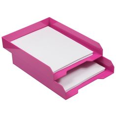 a pink and white desk set with two paper trays on each side, one has a notepad in the middle