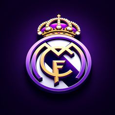 the real madrid crest with a crown on it's head is purple and gold