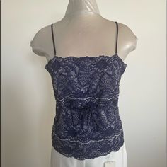 Kay Celine New With Tags! Blue Lace Tank Top With White Trim Size Xl Fits 10/12 Elegant Fitted Navy Top, Elegant Navy Sleeveless Top, Sleeveless Blue Lace Tops, Blue Lace Sleeveless Tops, Blue Fitted Lace Top, Blue Lace Tops For Spring, Fitted Blue Lace Top, Blue Camisole Top For Party, Chic Blue Camisole Top