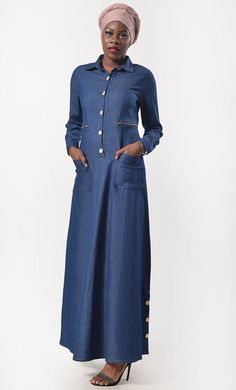 Featuring a Metal Sheen buttons opening at the front, defined 2pockets and beautiful collar neck detailing. This versatile dress will keep you looking polished at the office, on dinner dates or weekend outings. Fabric: Denim This abaya has full sleeves with cuffs. This abaya has lapel collar neckline The fabric is light medium-soft denim, and looks very trendy on an dress. Wash Care: Cold wash Only *INCLUDED POCKETS FOR BETTER UTILITY* Complete The Look:- Looking for something special to glam yo Elegant Collared Denim Dress For Work, Elegant Denim Dress With Button Closure For Work, Elegant Button-up Denim Dress With Pockets, Elegant Long Sleeve Denim Dress With Button Closure, Elegant Denim Dress With Button Closure For Fall, Elegant Button-up Denim Dress For Fall, Elegant Denim Dress With Button Closure, Semi-formal Button-up Dresses With Pockets, Elegant Denim Dress With Pockets For Fall