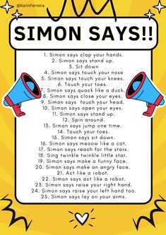 a poster with the words simon says on it and two megaphones in front of them