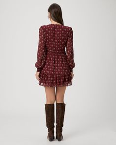 This long sleeve mini dress is crafted from luxurious 100% crinkled silk georgette in a beautiful oxblood red victorian floral print. The Brasserie Dress features shirring at the front and back, a v-neckline, angled bust seams, covered buttons, smocked cuffs, and a tiered skirt. We'll be wearing this dress all season, with tall boots during the day and heels at night. | Brasserie Dress - Oxblood Multi Silk | Size 4 Fall Dress With Tights, Oxblood Red, Long Sleeve Mini, Tiered Skirt, Tall Boots, Long Sleeve Mini Dress, Size 00, Fall Dresses, Covered Buttons